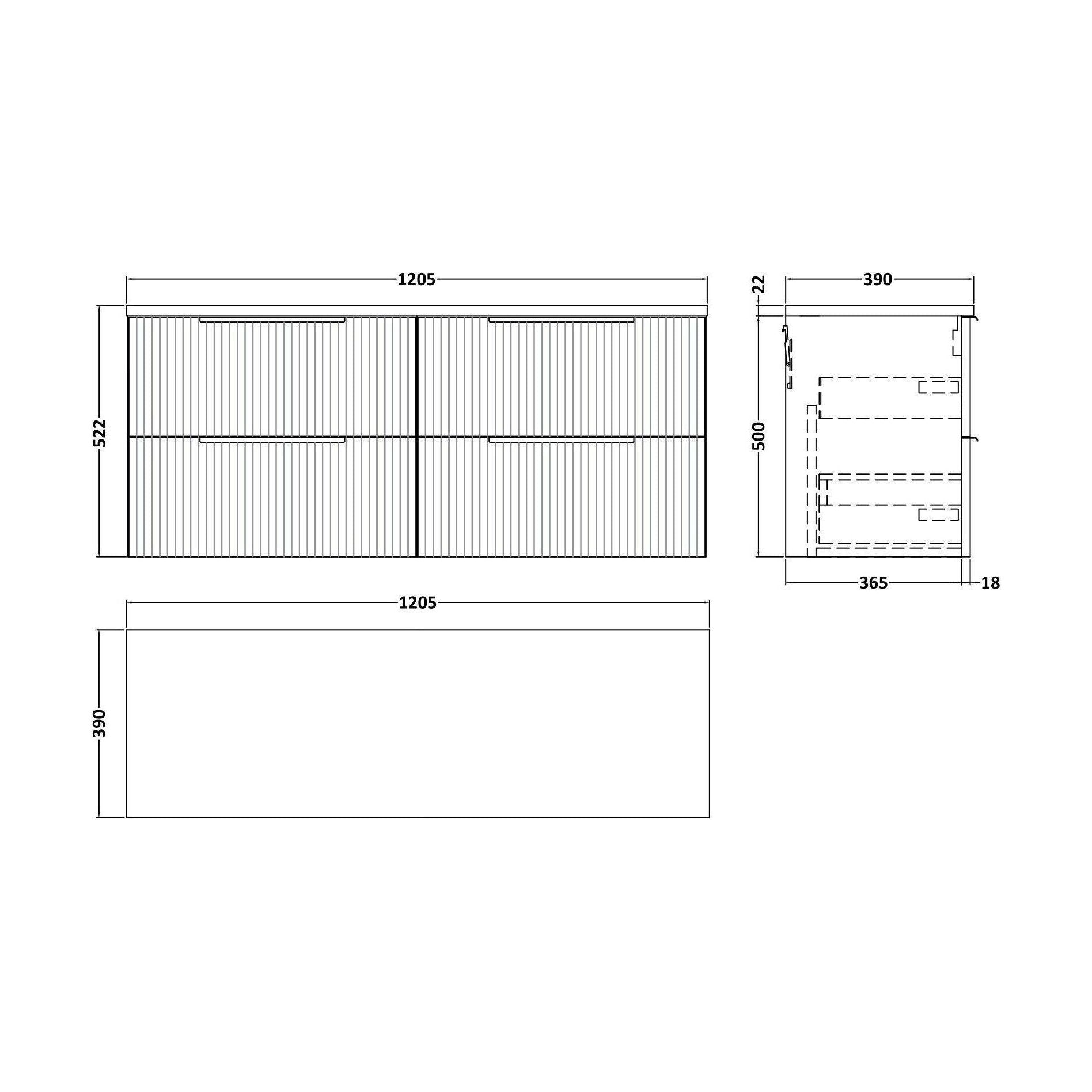 [BFFF393LCM2] Tixall Fluted 4 Drawer Wall Hung Vanity Unit with Laminate Worktop, Satin Blue, 1200mm - Technical Drawing