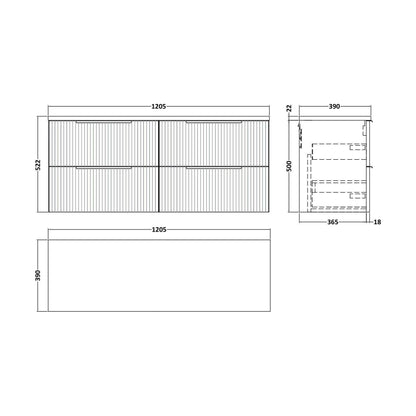 [BFFF393LCM2] Tixall Fluted 4 Drawer Wall Hung Vanity Unit with Laminate Worktop, Satin Blue, 1200mm - Technical Drawing