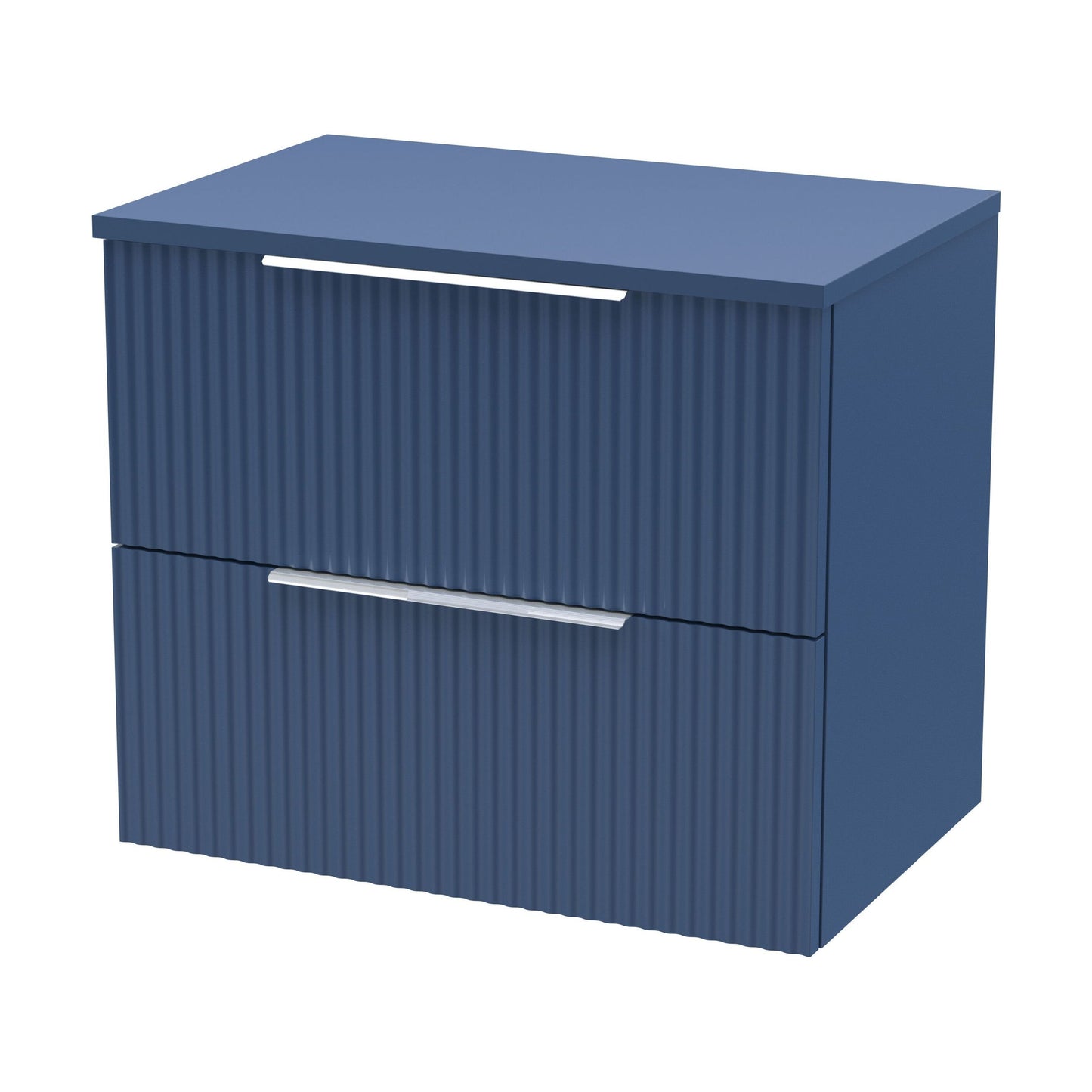 [BFFF393W] Tixall Fluted 2 Drawer Wall Hung Vanity Unit with Worktop, Satin Blue, 600mm - Cutout