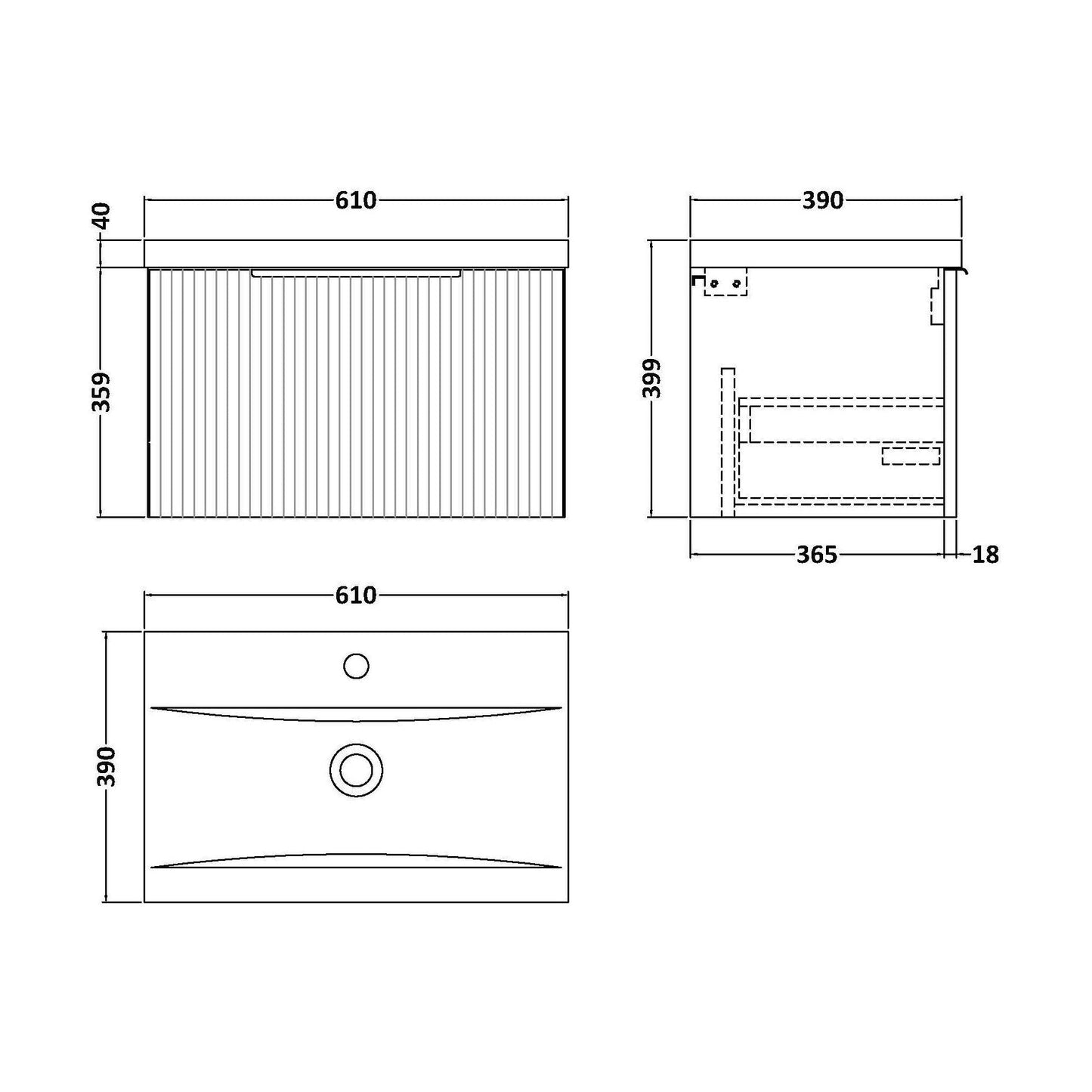 [BFFF394A] Tixall Fluted Front Wall Hung Vanity Basin Unit with Choice of Size, Colour and Handle Options - Technical Drawing