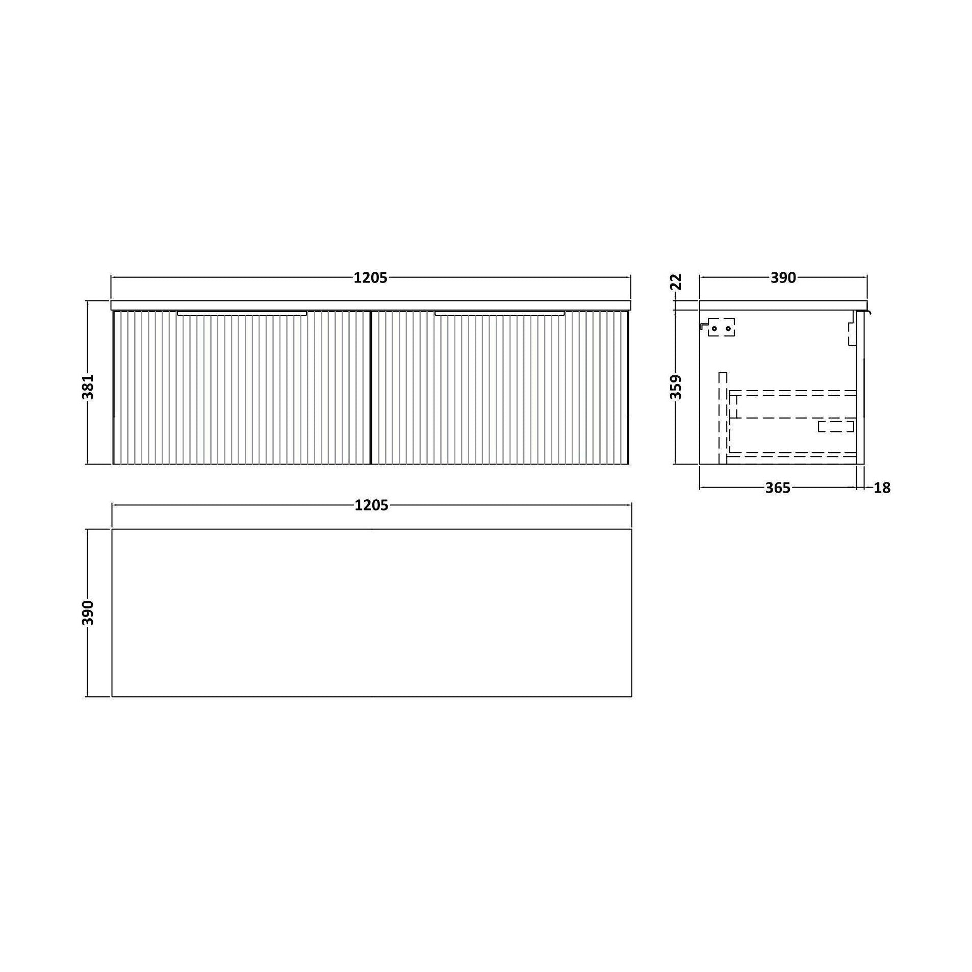 [BFFF394LBG2] Tixall Fluted 2 Drawer Wall Hung Vanity Unit with Laminate Worktop, Satin Blue, 1200mm - Technical Drawing