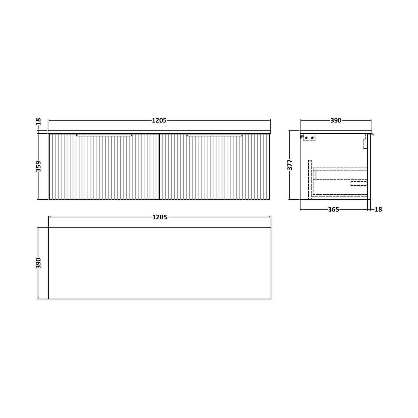 [BFFF394W2] Tixall Fluted 2 Drawer Wall Hung Vanity Unit with Worktop, Satin Blue, 1200mm - Technical Drawing