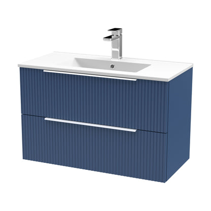 [BFFF395B] Tixall Fluted 2 Drawer Wall Hung Vanity Unit with Minimalist Basin, Satin Blue, 800mm - Cutout