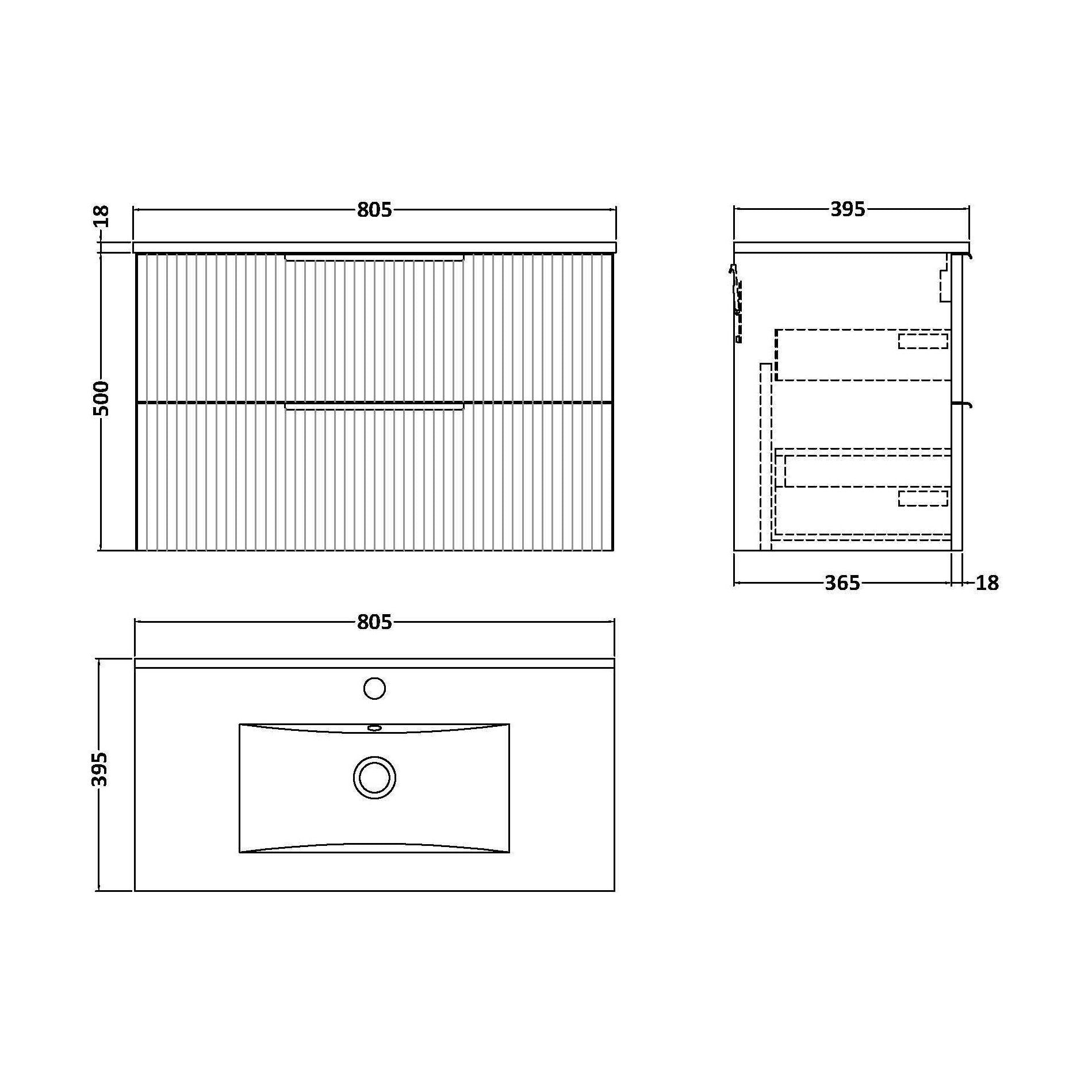 [BFFF395B] Tixall Fluted 2 Drawer Wall Hung Vanity Unit with Minimalist Basin, Satin Blue, 800mm - Technical Drawing