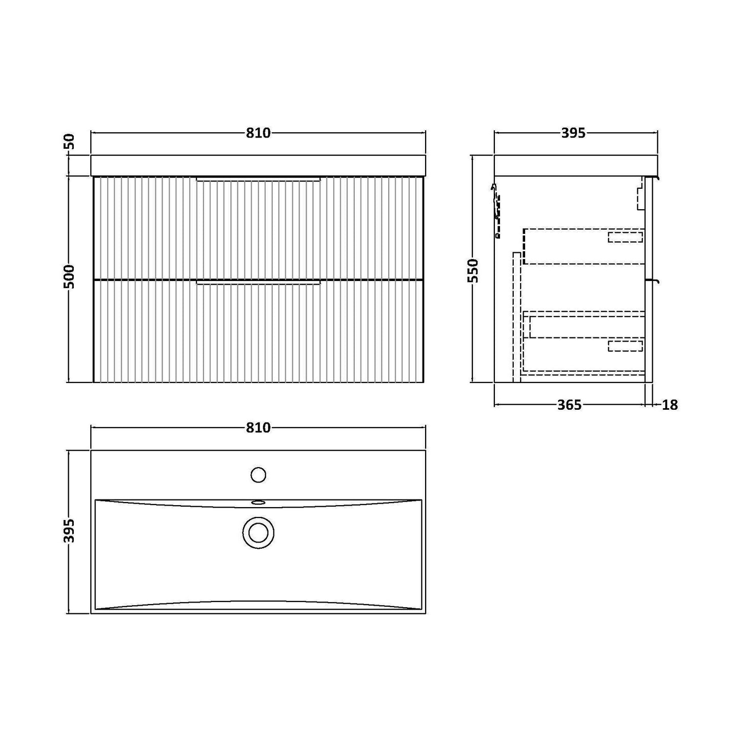 [BFFF395D] Tixall Fluted 2 Drawer Wall Hung Vanity Unit with Thin Edge Basin, Satin Blue, 800mm - Technical Drawing