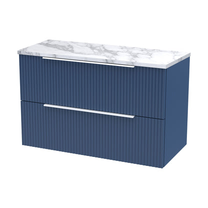 [BFFF395LCM] Tixall Fluted 2 Drawer Wall Hung Vanity Unit with Laminate Worktop, Satin Blue, 800mm - Cutout
