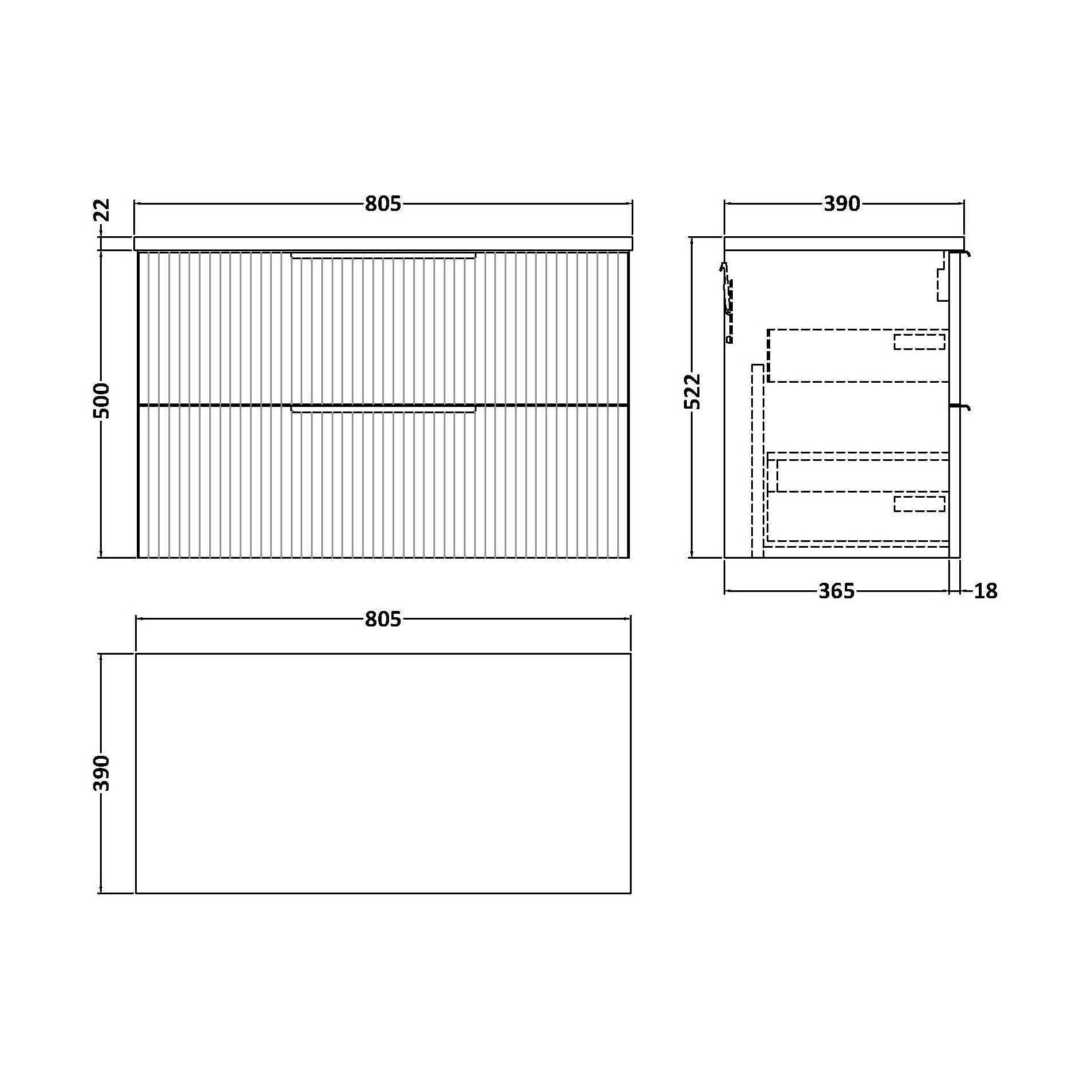 [BFFF395LCM] Tixall Fluted 2 Drawer Wall Hung Vanity Unit with Laminate Worktop, Satin Blue, 800mm - Technical Drawing