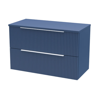 [BFFF395W] Tixall Fluted 2 Drawer Wall Hung Vanity Unit with Worktop, Satin Blue, 800mm - Cutout