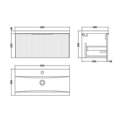 [BFFF396A] Tixall Fluted Front Wall Hung Vanity Basin Unit with Choice of Size, Colour and Handle Options - Technical Drawing