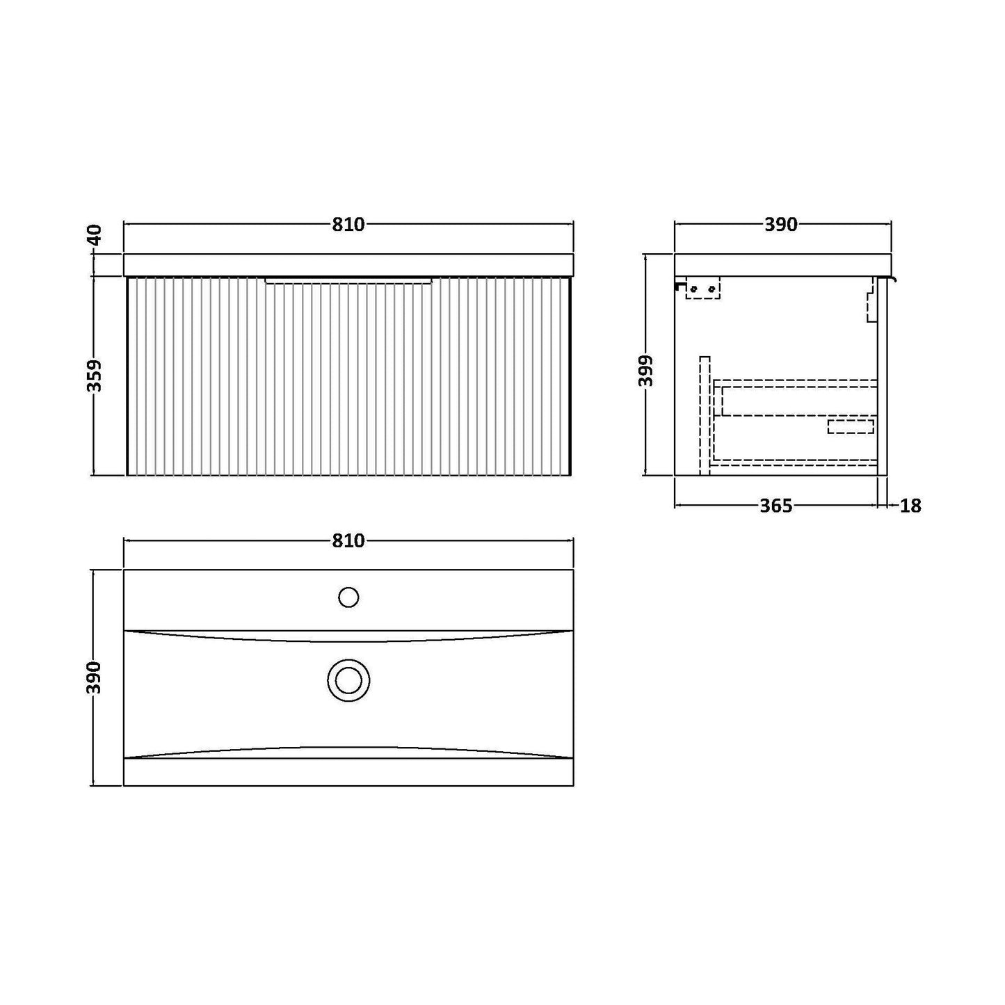 [BFFF396A] Tixall Fluted Front Wall Hung Vanity Basin Unit with Choice of Size, Colour and Handle Options - Technical Drawing