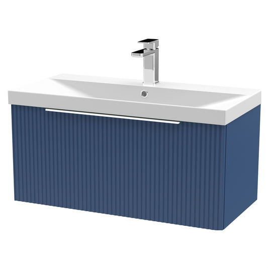 [BFFF396D] Tixall Fluted 1 Drawer Wall Hung Vanity Unit with Thin Edge Basin, Satin Blue, 800mm - Cutout