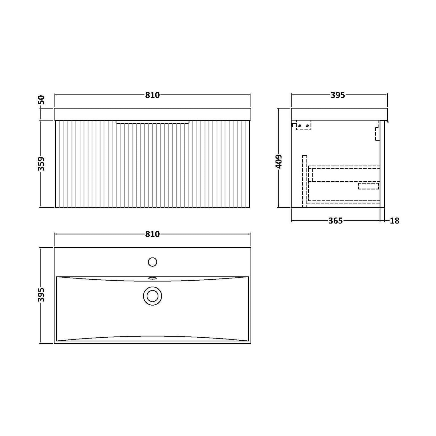 [BFFF396D] Tixall Fluted 1 Drawer Wall Hung Vanity Unit with Thin Edge Basin, Satin Blue, 800mm - Technical Drawing