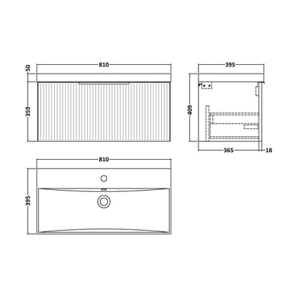 [BFFF396D] Tixall Fluted 1 Drawer Wall Hung Vanity Unit with Thin Edge Basin, Satin Blue, 800mm - Technical Drawing