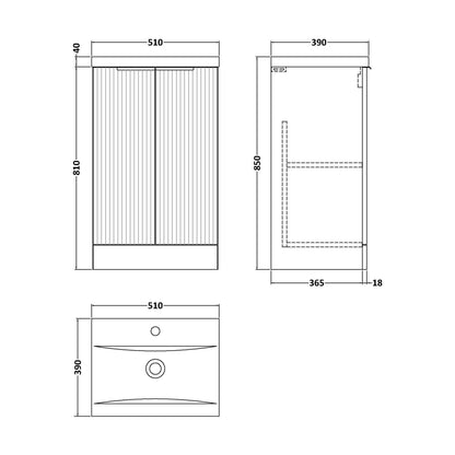 [BFFF823A] Tixall Fluted Front Floor Standing Vanity Basin Unit with Choice of Size, Colour and Handle Options - Technical Drawing