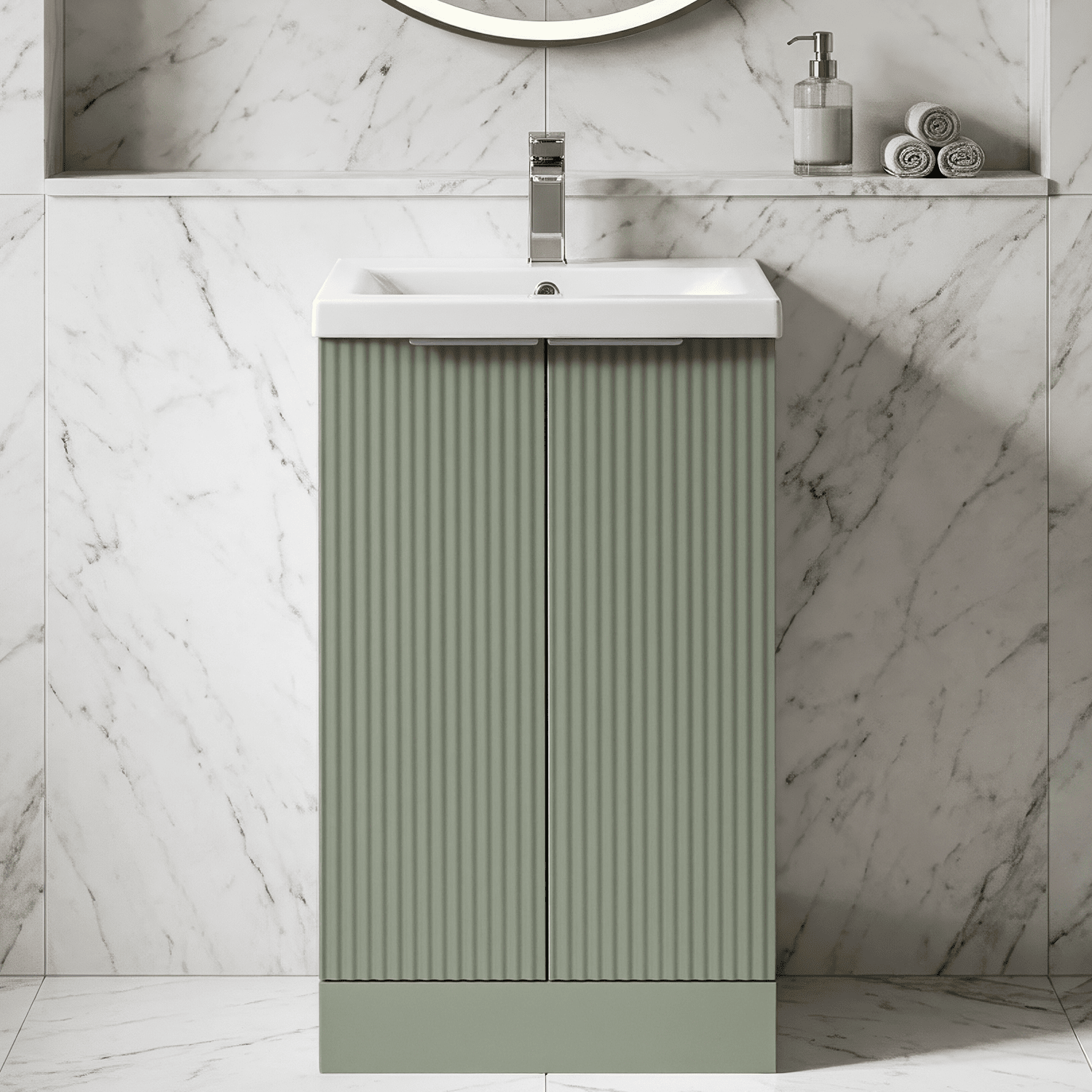 [BFFF823A] Tixall Fluted Front Floor Standing Vanity Basin Unit with Choice of Size, Colour and Handle Options - Silo