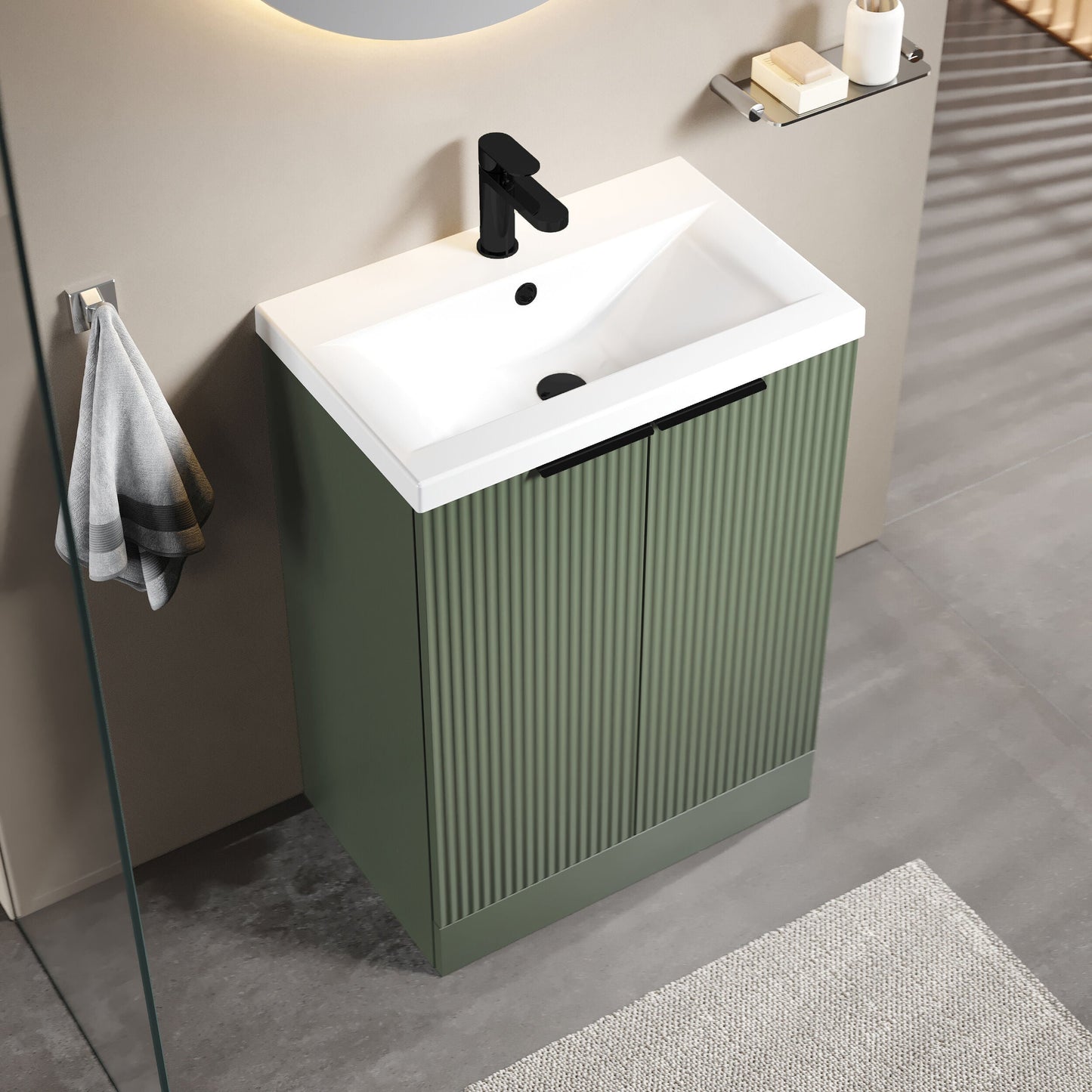 [BFFF825AH224] Tixall Fluted Front Floor Standing Vanity Basin Unit with Choice of Size, Colour and Handle Options - Lifestyle 2