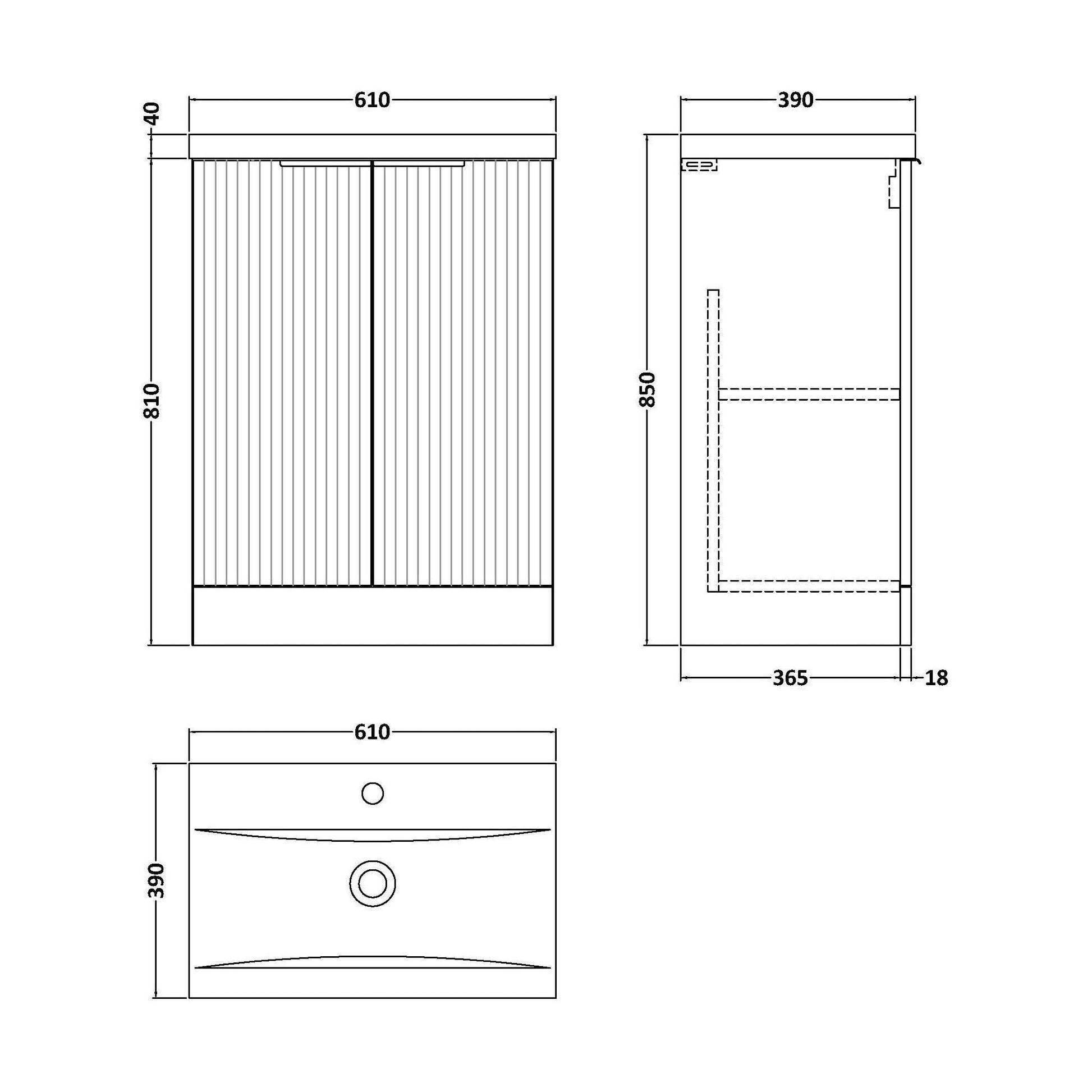 [BFFF825A] Balterley Fluted Front Floor Standing 2 Door Vanity Basin Unit with Ceramic Basin 600mm - Satin Green - Technical Drawing
