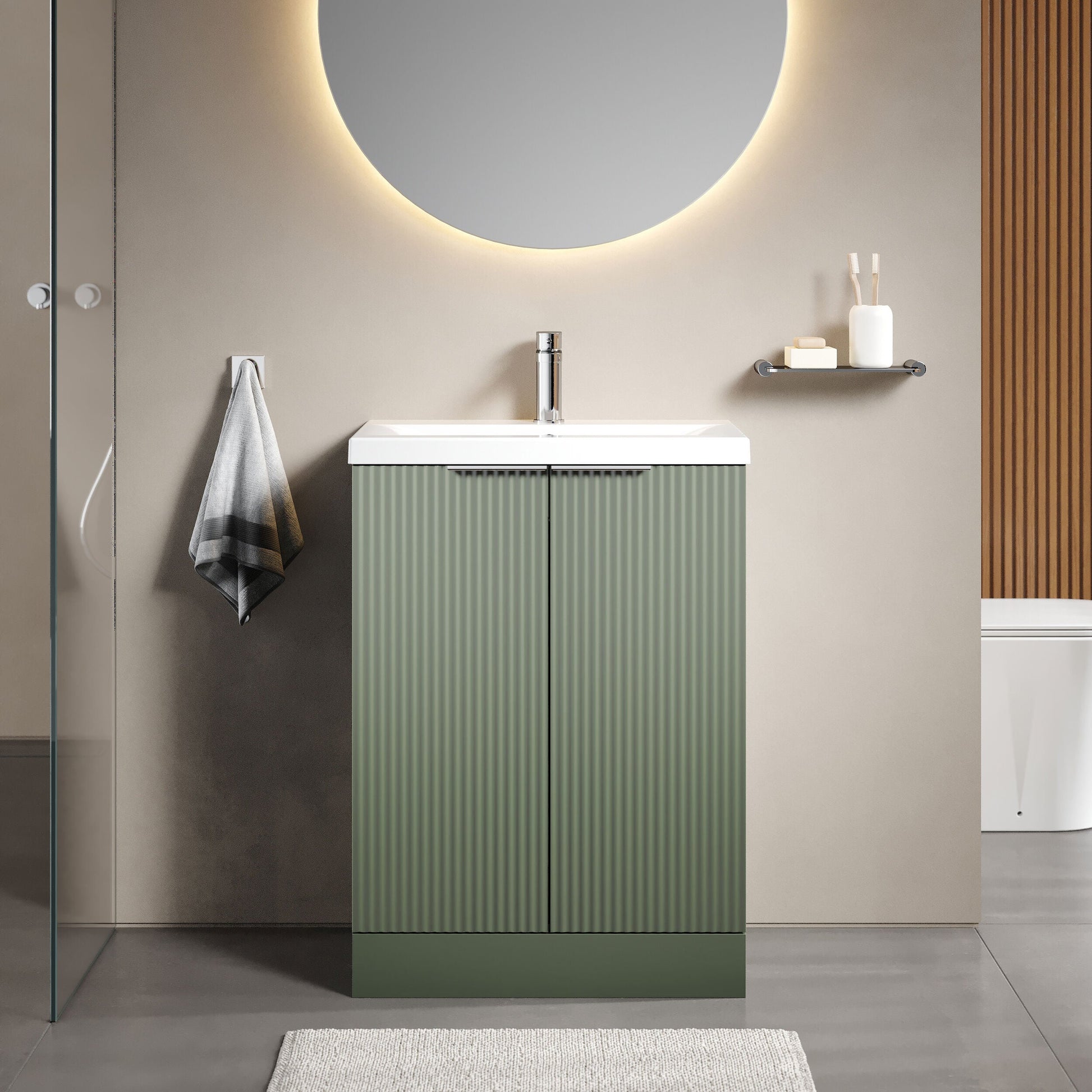 [BFFF825A] Balterley Fluted Front Floor Standing 2 Door Vanity Basin Unit with Ceramic Basin 600mm - Satin Green - Lifestyle 1