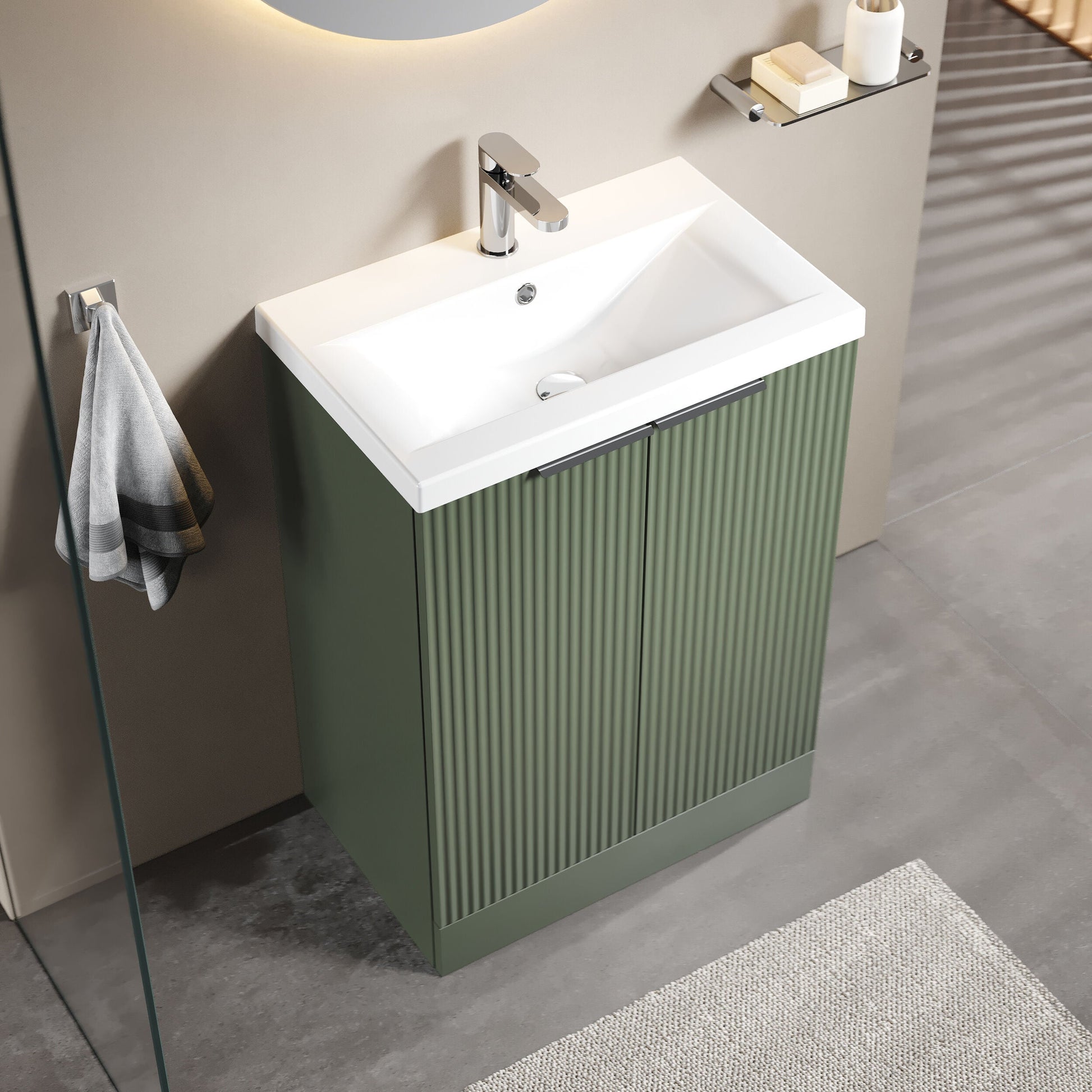 [BFFF825A] Balterley Fluted Front Floor Standing 2 Door Vanity Basin Unit with Ceramic Basin 600mm - Satin Green - Lifestyle 2