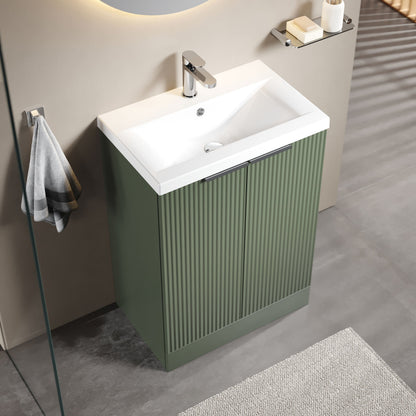 [BFFF825A] Balterley Fluted Front Floor Standing 2 Door Vanity Basin Unit with Ceramic Basin 600mm - Satin Green - Lifestyle 2