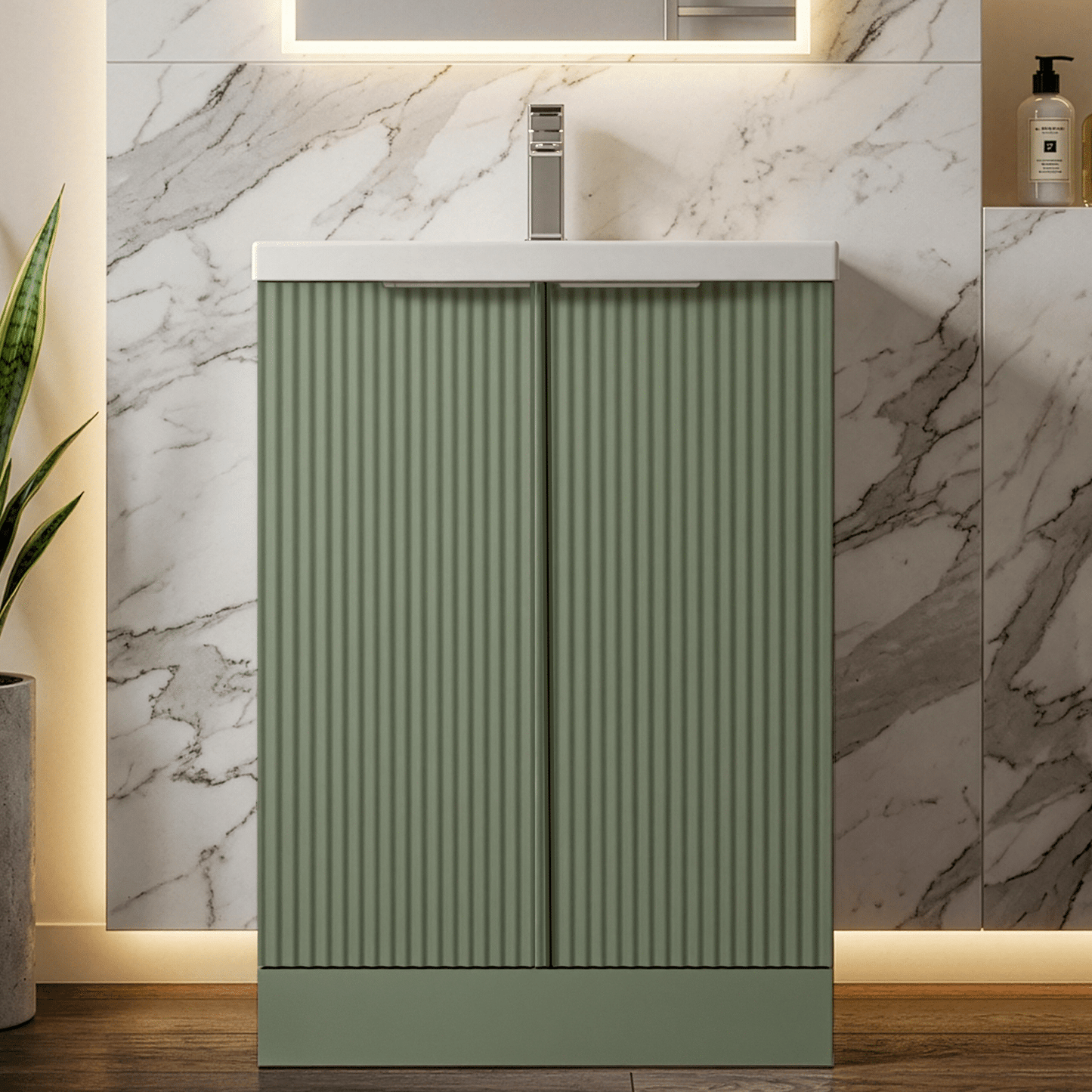 [BFFF825A] Balterley Fluted Front Floor Standing 2 Door Vanity Basin Unit with Ceramic Basin 600mm - Satin Green - Silo