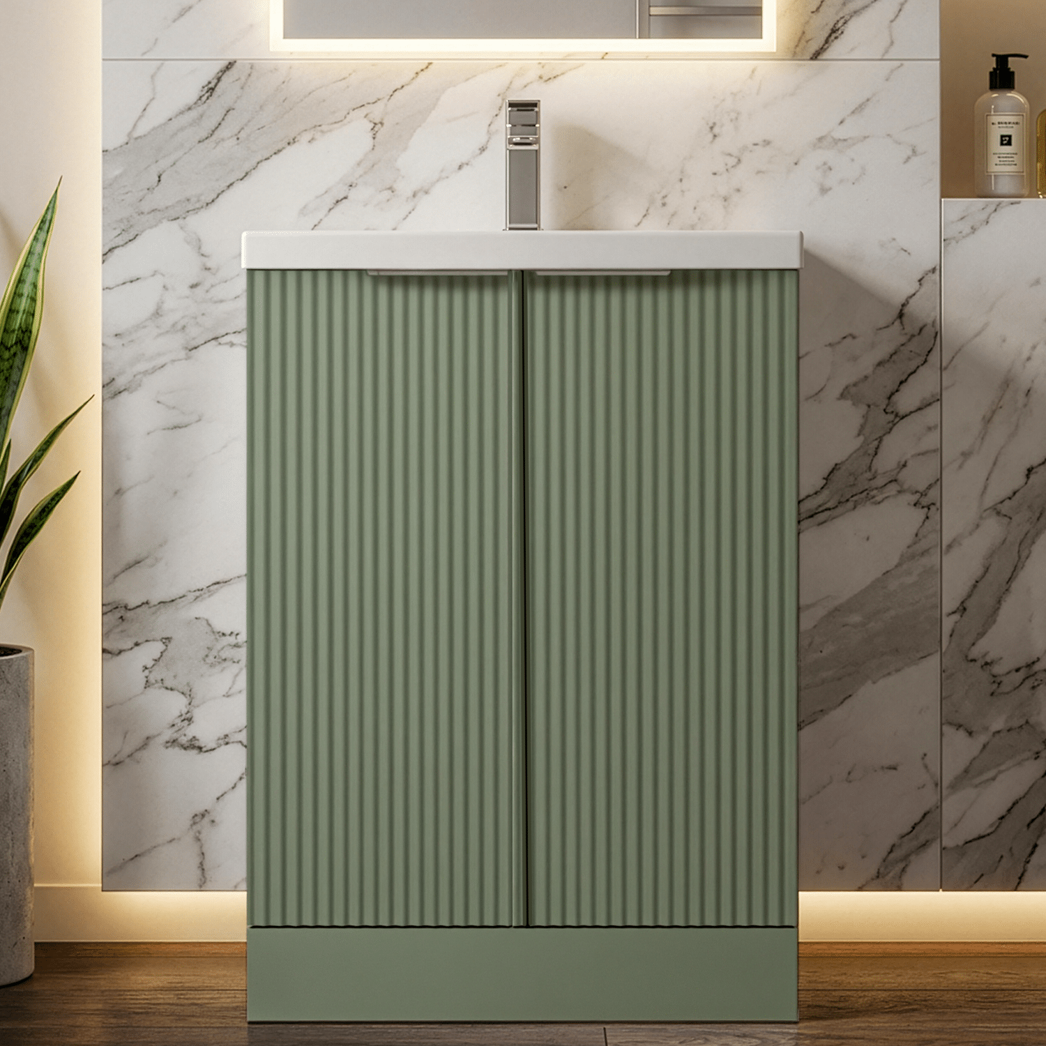 [BFFF825A] Balterley Fluted Front Floor Standing 2 Door Vanity Basin Unit with Ceramic Basin 600mm - Satin Green - Silo