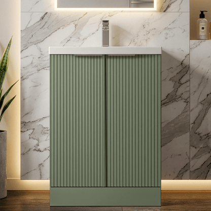 [BFFF825A] Balterley Fluted Front Floor Standing 2 Door Vanity Basin Unit with Ceramic Basin 600mm - Satin Green - Silo