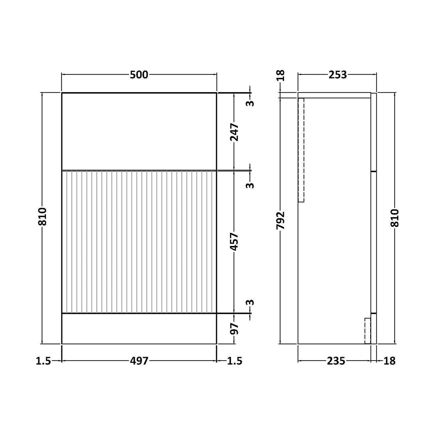 [BFFF841] Balterley Tixall Fluted Front Floor Standing WC Unit, 500mm, Choice of Colour - Technical Drawing