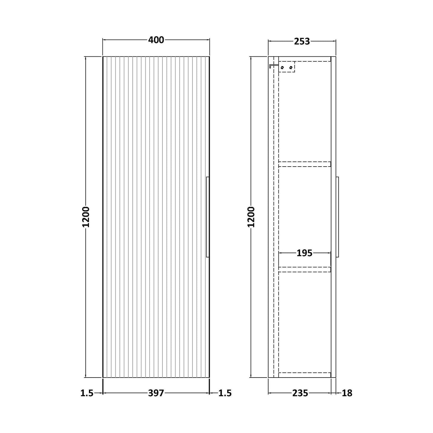 [BFFF862] Tixall Fluted Wall Hung Tall Bathroom Storage Unit, 400mm, Multiple Colours and Handle Options - Technical Drawing