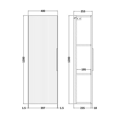[BFFF862] Tixall Fluted Wall Hung Tall Bathroom Storage Unit, 400mm, Multiple Colours and Handle Options - Technical Drawing