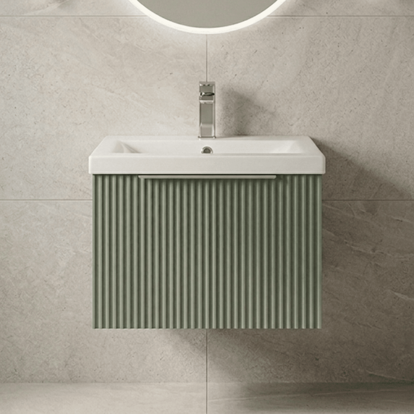 [BFFF891A] Tixall Fluted Front Wall Hung Vanity Basin Unit with Choice of Size, Colour and Handle Options - Silo