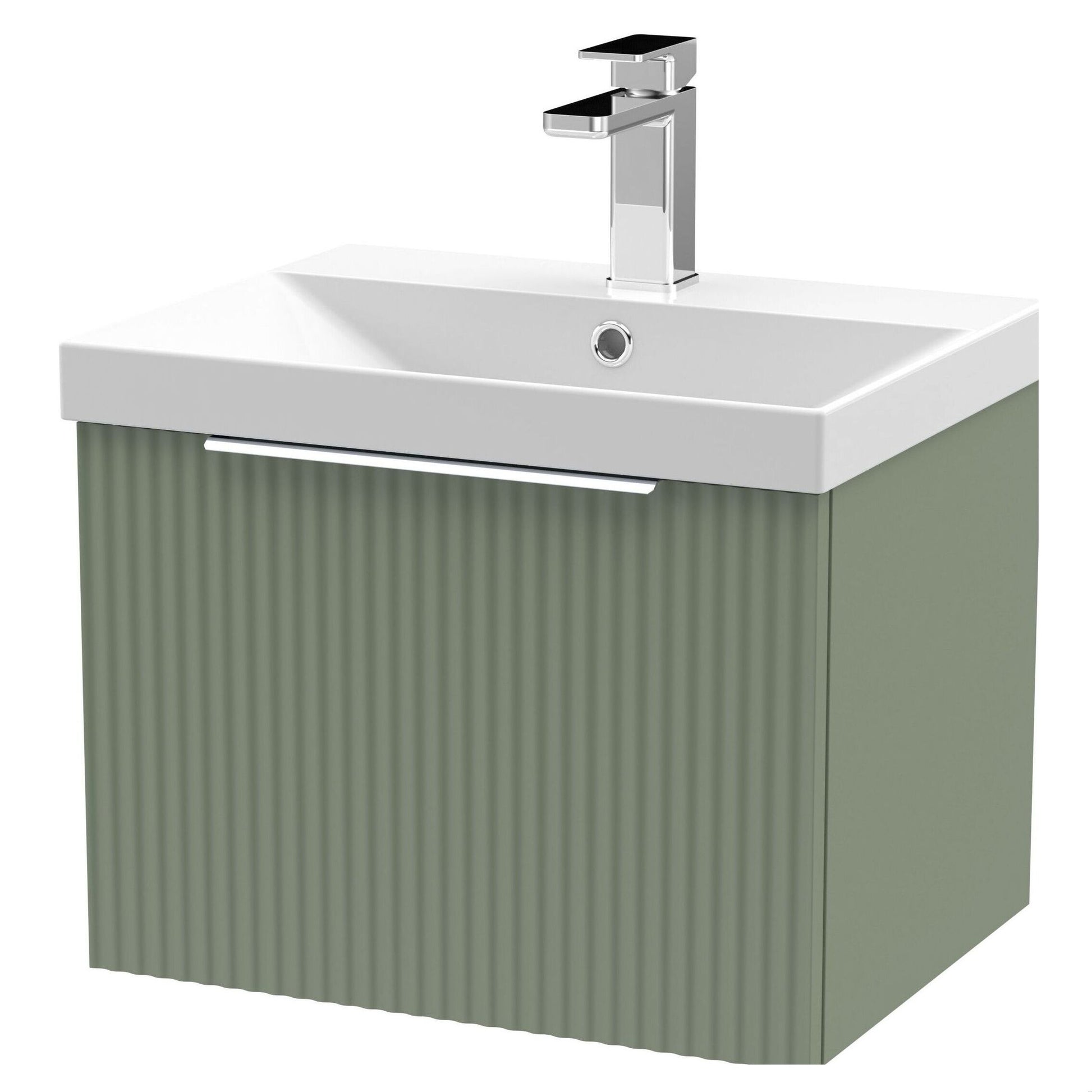 [BFFF891D] Tixall Fluted 1 Drawer Wall Hung Vanity Unit with Thin Edge Basin, Satin Green, 500mm - Cutout