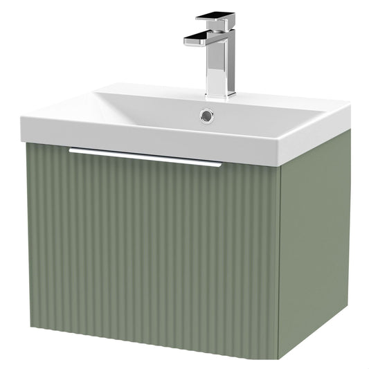 [BFFF891D] Tixall Fluted 1 Drawer Wall Hung Vanity Unit with Thin Edge Basin, Satin Green, 500mm - Cutout