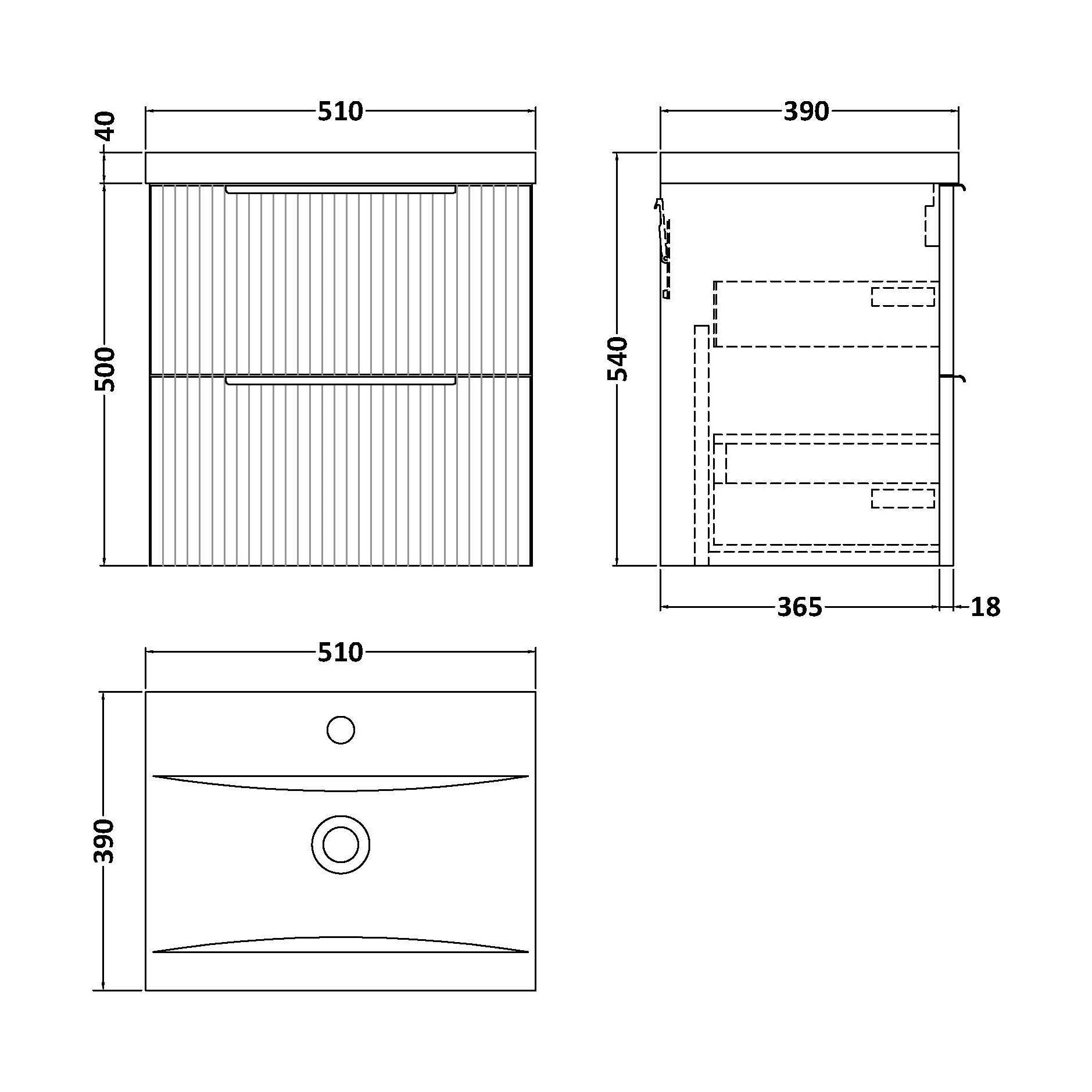 [BFFF892A] Tixall Fluted Front Wall Hung Vanity Basin Unit with Choice of Size, Colour and Handle Options - Technical Drawing