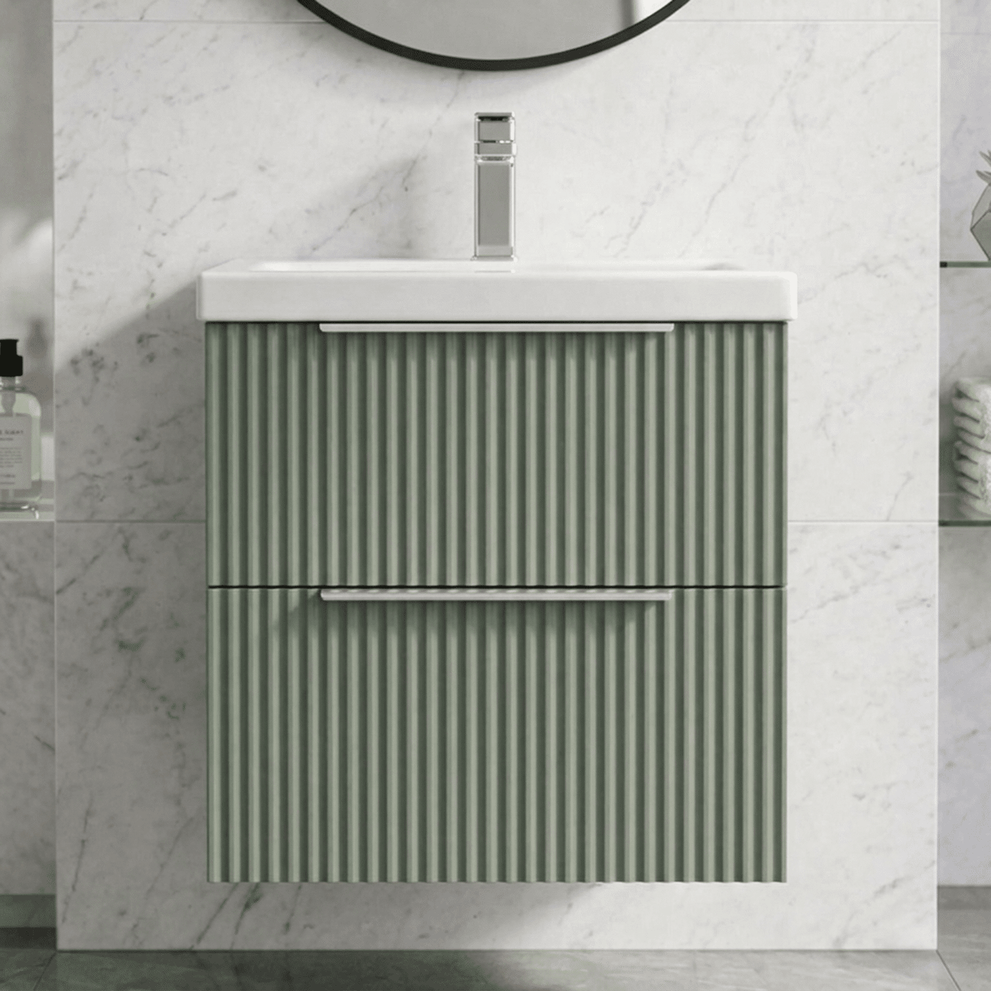 [BFFF892A] Tixall Fluted Front Wall Hung Vanity Basin Unit with Choice of Size, Colour and Handle Options - Silo