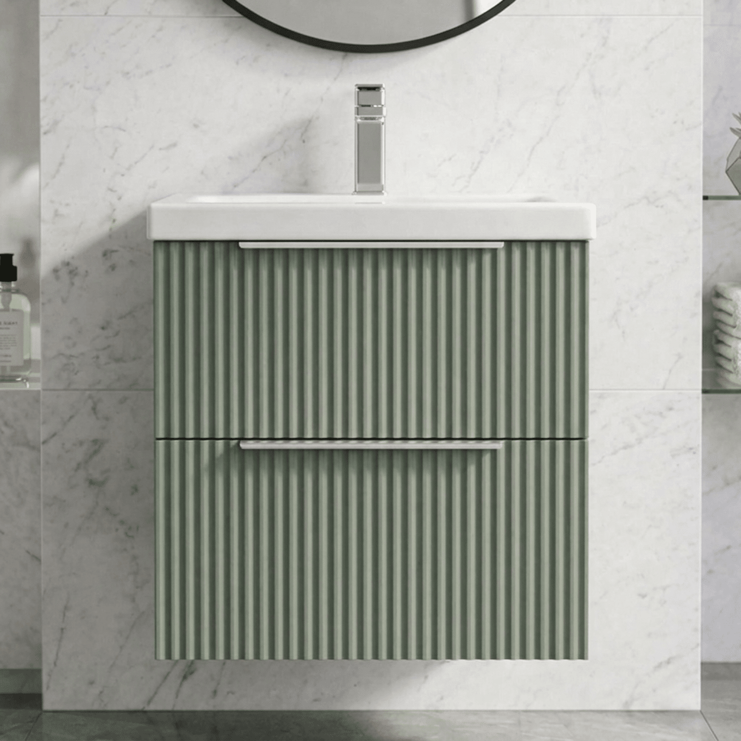 [BFFF892A] Tixall Fluted Front Wall Hung Vanity Basin Unit with Choice of Size, Colour and Handle Options - Silo