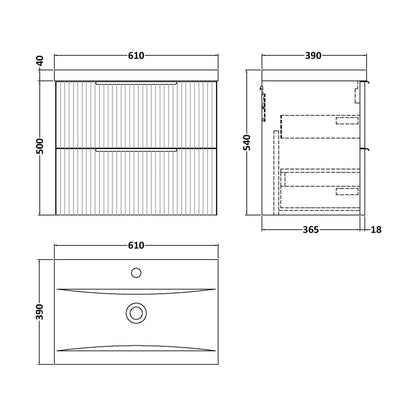 [BFFF893A] Tixall Fluted Front Wall Hung Vanity Basin Unit with Choice of Size, Colour and Handle Options - Technical Drawing