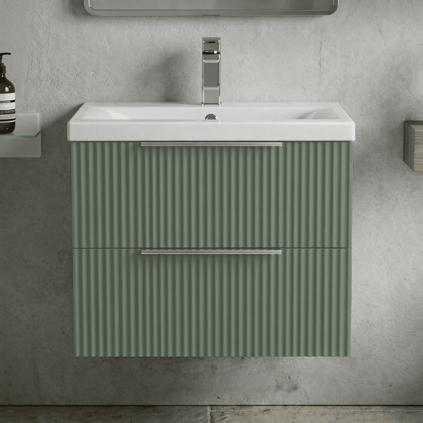 [BFFF893A] Tixall Fluted Front Wall Hung Vanity Basin Unit with Choice of Size, Colour and Handle Options - Silo