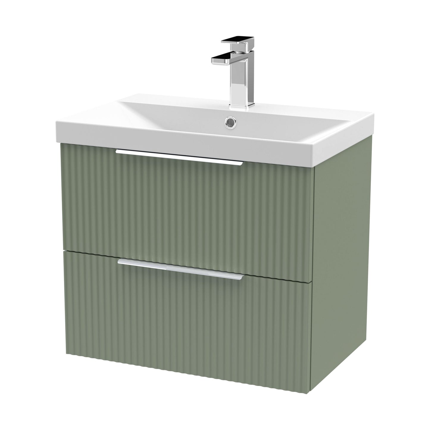 [BFFF893D] Tixall Fluted 2 Drawer Wall Hung Vanity Unit with Thin Edge Basin, Satin Green, 600mm - Cutout
