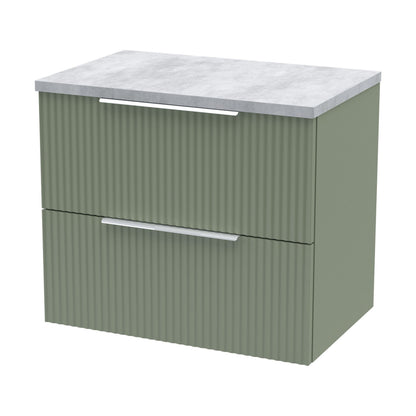 [BFFF893LBG] Tixall Fluted 2 Drawer Wall Hung Vanity Unit with Laminate Worktop, Satin Green, 600mm - Cutout