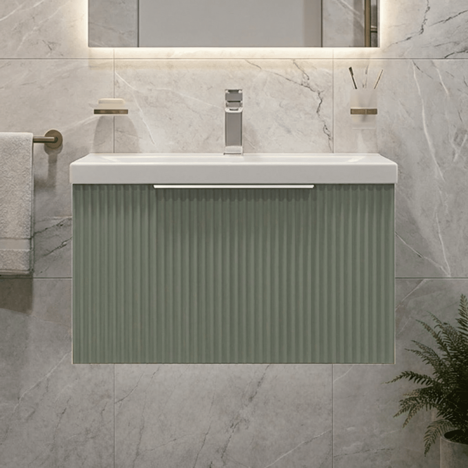 [BFFF894A] Tixall Fluted Front Wall Hung Vanity Basin Unit with Choice of Size, Colour and Handle Options - Silo