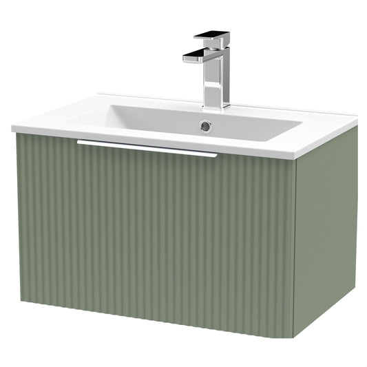 [BFFF894B] Tixall Fluted 1 Drawer Wall Hung Vanity Unit with Minimalist Basin, Satin Green, 600mm - Cutout