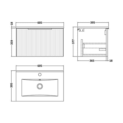 [BFFF894B] Tixall Fluted 1 Drawer Wall Hung Vanity Unit with Minimalist Basin, Satin Green, 600mm - Technical Drawing