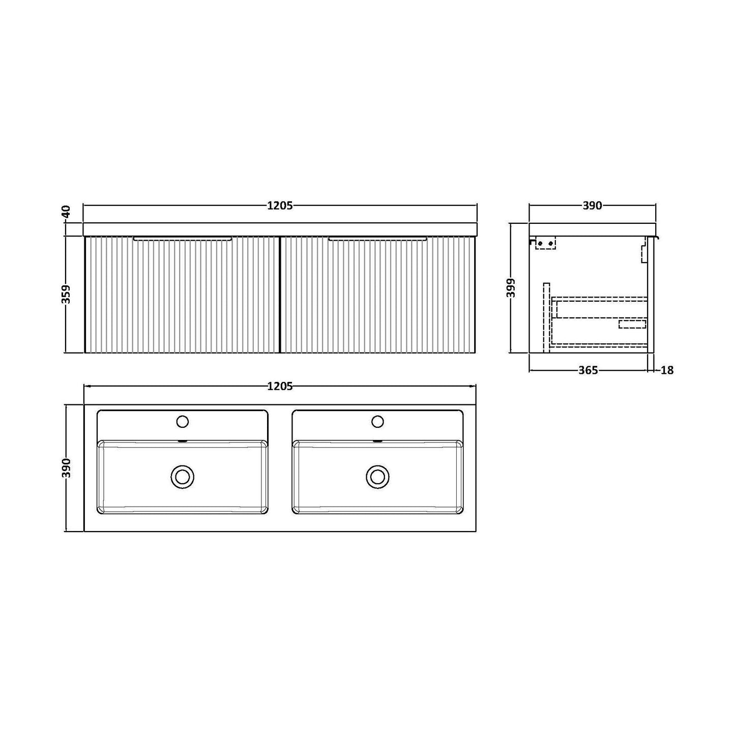 [BFFF894C] Tixall Fluted Front Wall Hung Vanity Basin Unit with Choice of Size, Colour and Handle Options - Technical Drawing