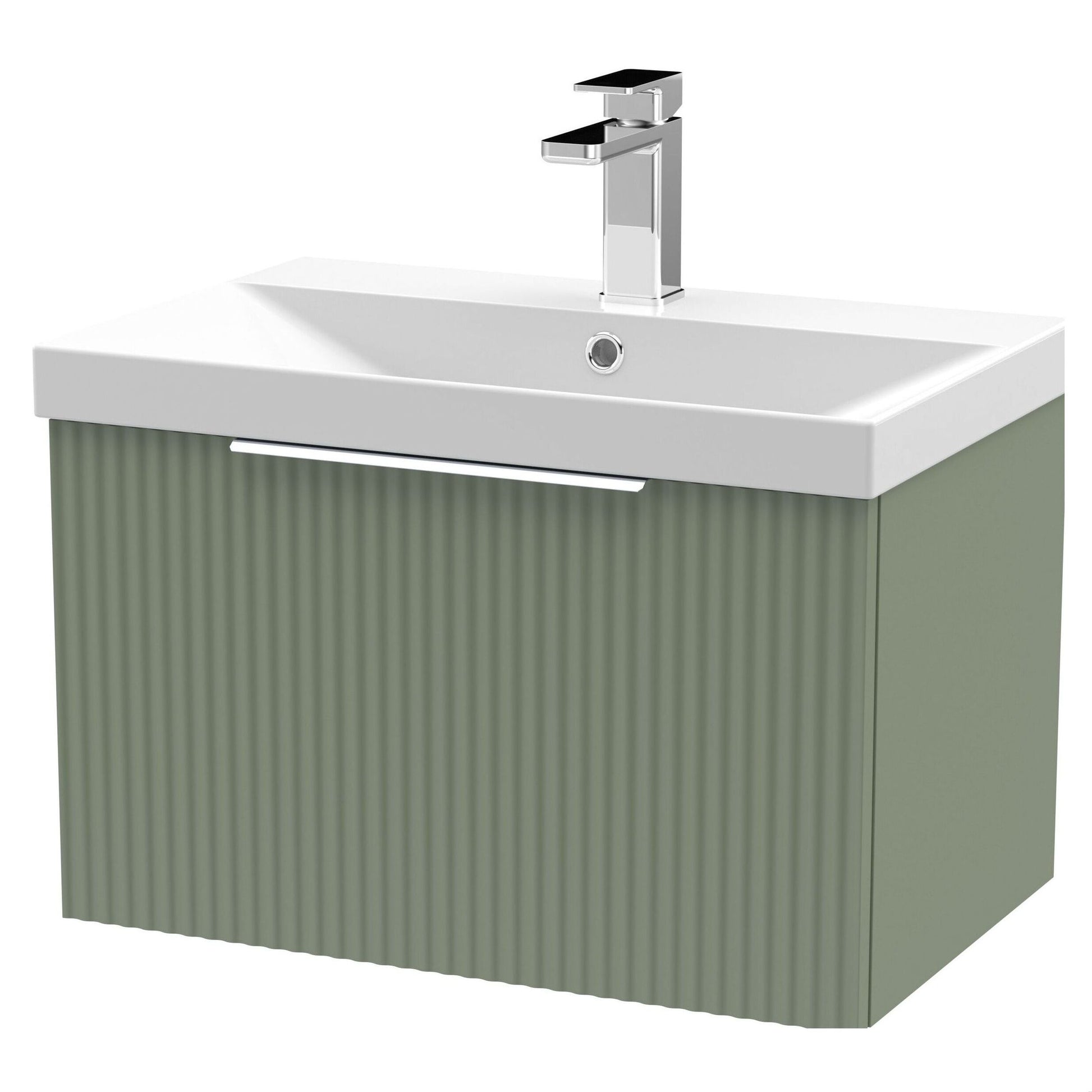 [BFFF894D] Tixall Fluted 1 Drawer Wall Hung Vanity Unit with Thin Edge Basin, Satin Green, 600mm - Cutout