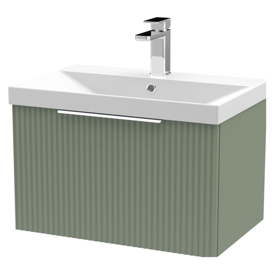 [BFFF894D] Tixall Fluted 1 Drawer Wall Hung Vanity Unit with Thin Edge Basin, Satin Green, 600mm - Cutout