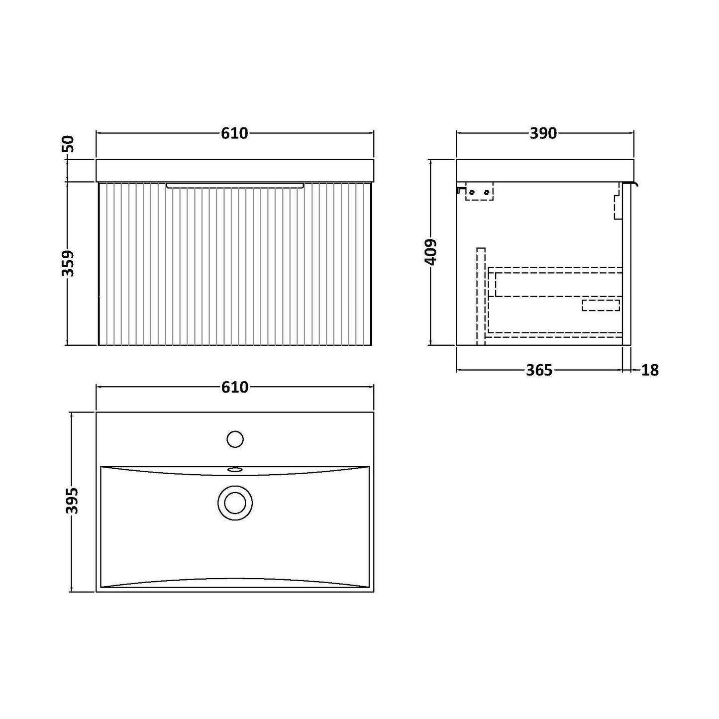 [BFFF894D] Tixall Fluted 1 Drawer Wall Hung Vanity Unit with Thin Edge Basin, Satin Green, 600mm - Technical Drawing