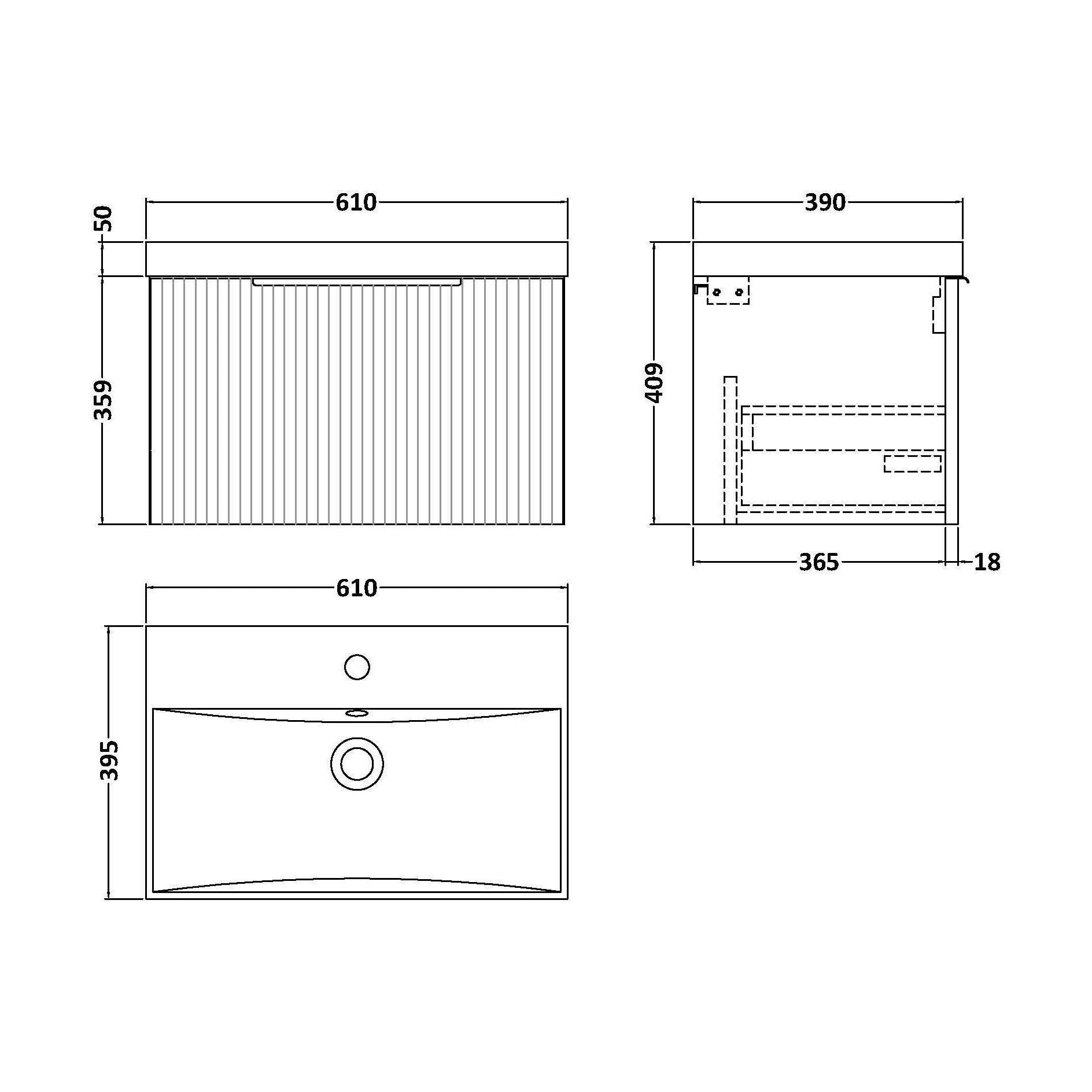 [BFFF894D] Tixall Fluted 1 Drawer Wall Hung Vanity Unit with Thin Edge Basin, Satin Green, 600mm - Technical Drawing
