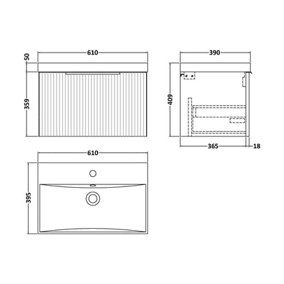 [BFFF894D] Tixall Fluted 1 Drawer Wall Hung Vanity Unit with Thin Edge Basin, Satin Green, 600mm - Technical Drawing