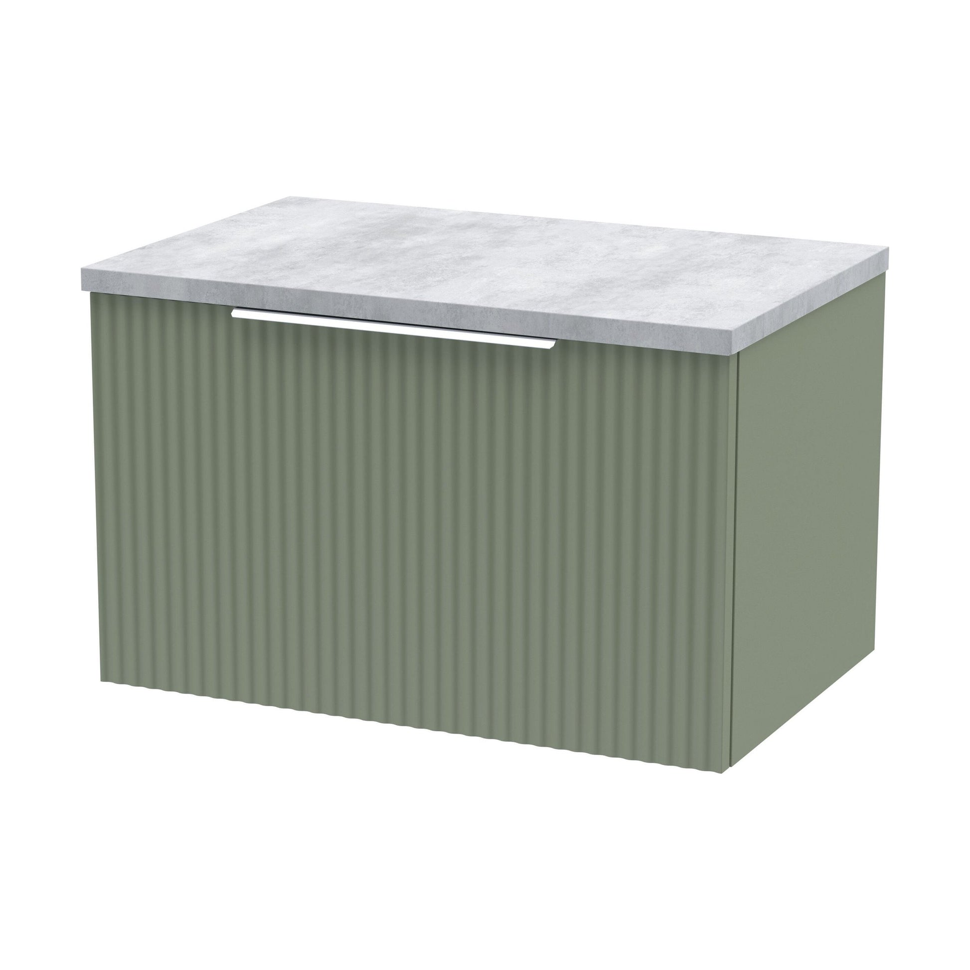 [BFFF894LBG] Tixall Fluted 1 Drawer Wall Hung Vanity Unit with Laminate Worktop, Satin Green, 600mm - Cutout